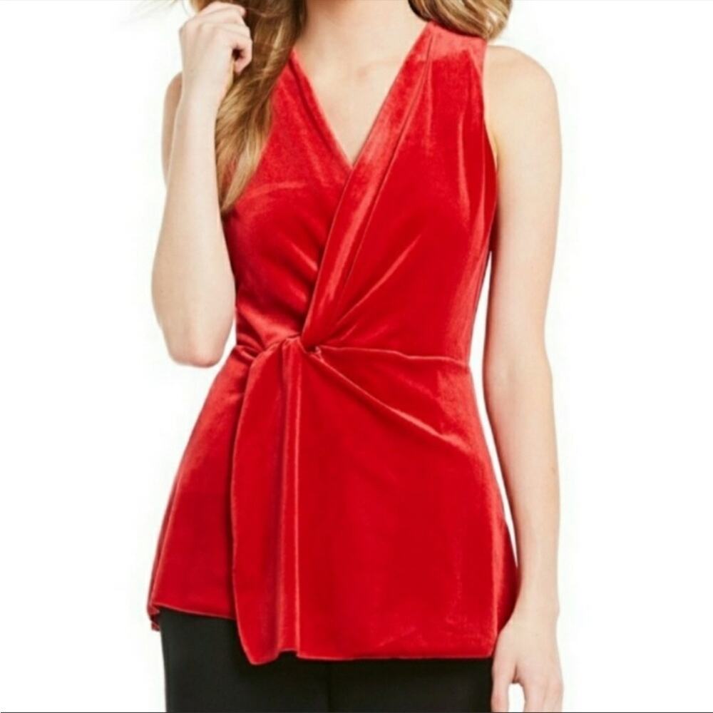 NWT H Halston‎ Red Velvet Sleeveless Surplice Twist Top Blouse Large